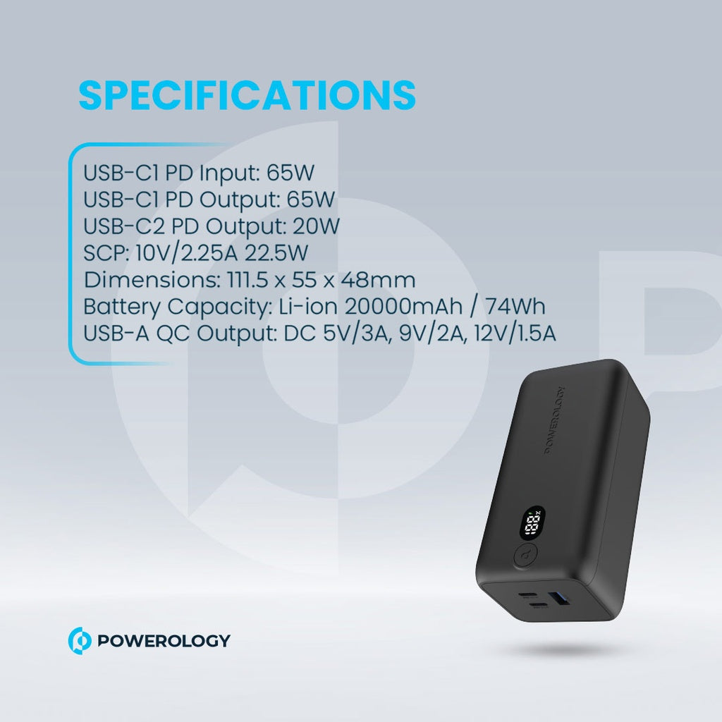Powerology 20,000 mAh 65 W Onyx Power Bank