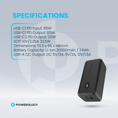 Powerology 20,000 mAh 65 W Onyx Power Bank