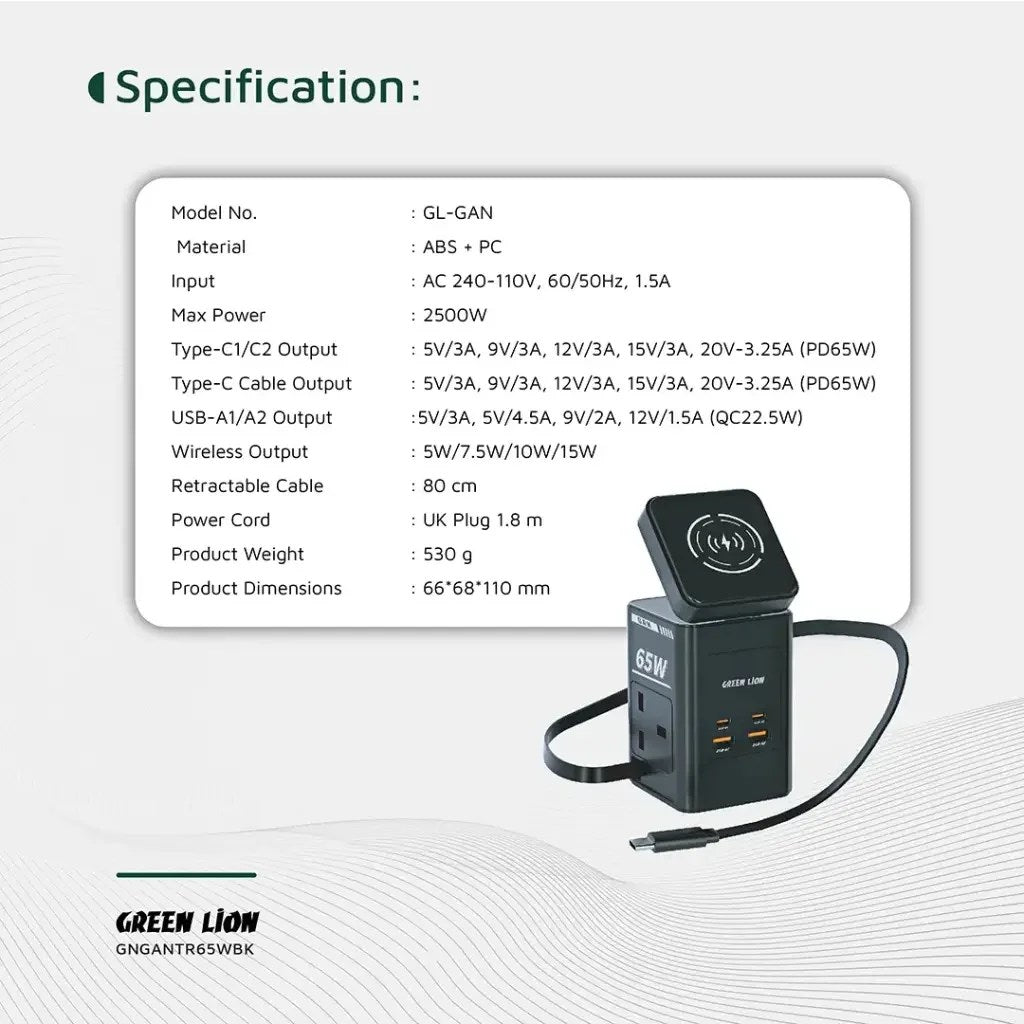 Green Lion GaN 65W Multi-Port Travel Adapter