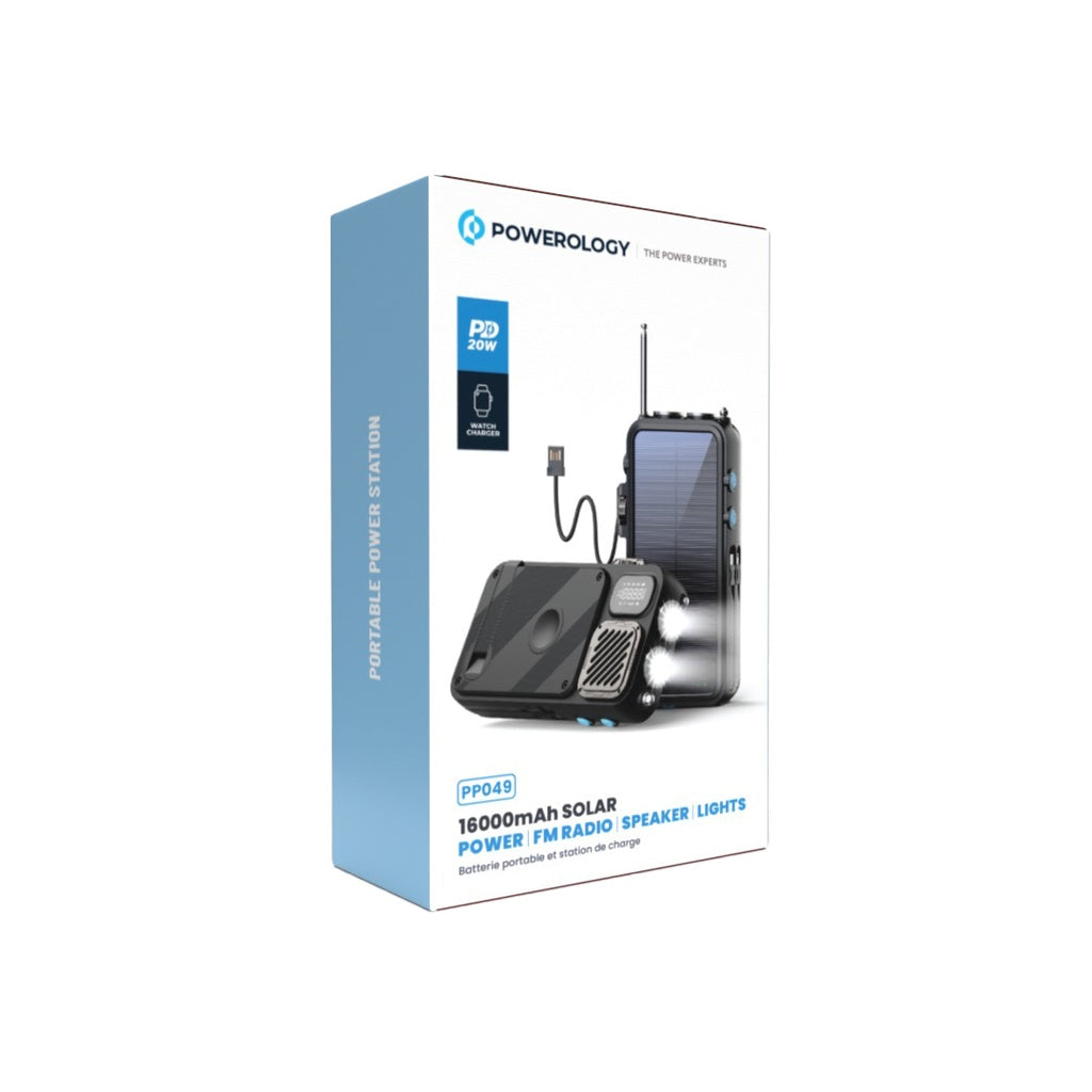 Powerology 16,000 mAh Solar Power Bank — FM Radio, Speaker & Lights